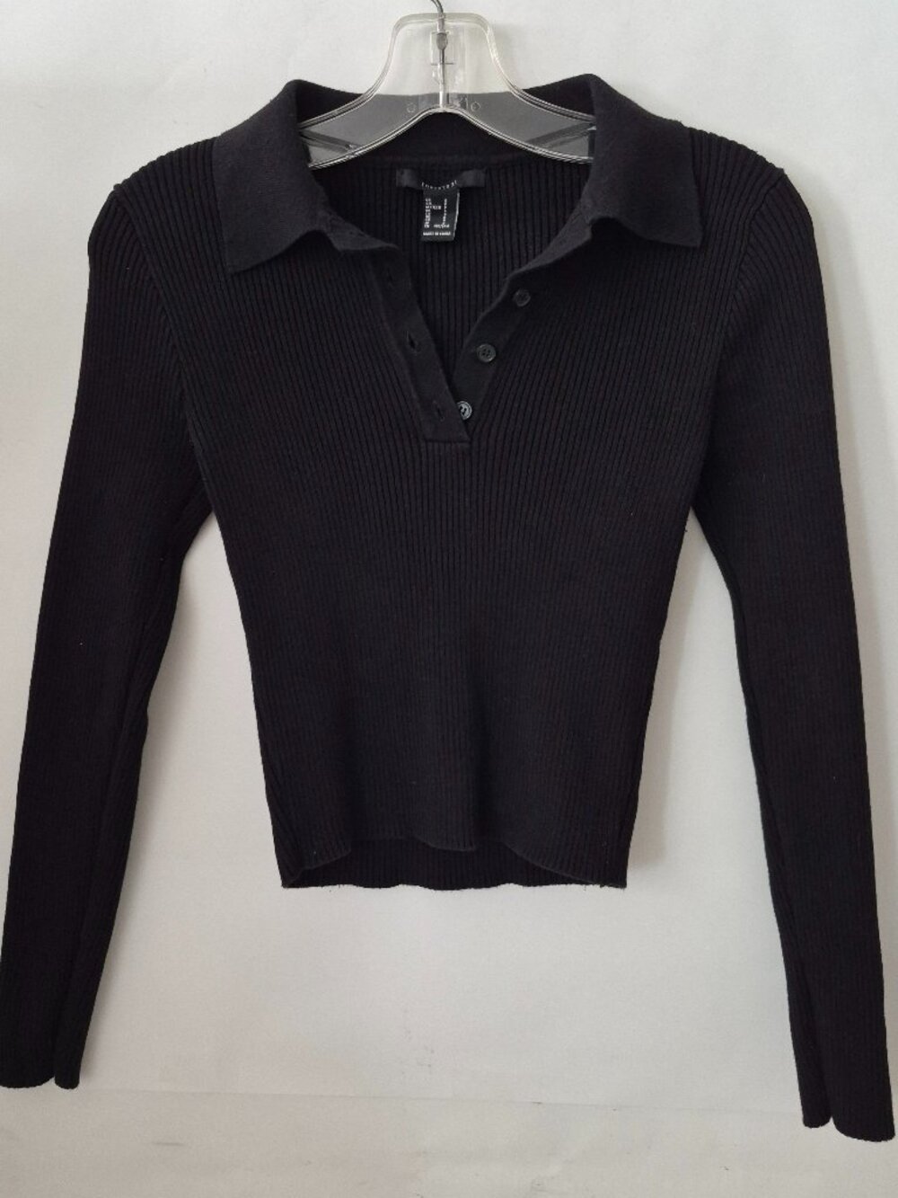 Forever 21 Womens S Black Ribbed Long Sleeve Button Collard Crop Sweater Top